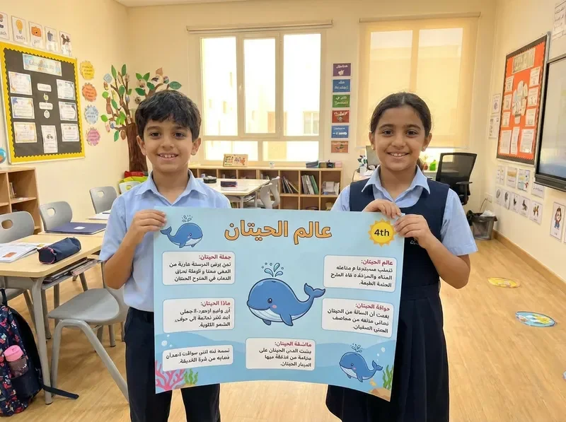 Two students presenting a whale poster in a classroom
